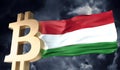 Gold bitcoin cryptocurrency with a waving Hungary flag. 3D Rendering Royalty Free Stock Photo
