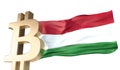 Gold bitcoin cryptocurrency with a waving Hungary flag. 3D Rendering Royalty Free Stock Photo