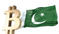 Gold bitcoin cryptocurrency with a waving Pakistan flag. 3D Rendering