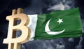 Gold bitcoin cryptocurrency with a waving Pakistan flag. 3D Rendering