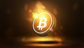 Gold bitcoin on a dark blurred background. Digital Cryptocurrency poster