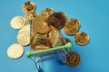 Gold Bitcoin placed in a small shopping cart. Digital currency concepts can be used to make online purchases