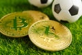 Gold bitcoin with soccer ball or football, cryptocurrency used in online sports betting
