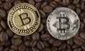 Gold Bitcoin surround by coffee bean Royalty Free Stock Photo