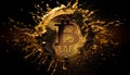 Gold bitcoin symbol on black background. Bitcoin coins splashing out with golden dusts, digital art