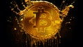 Gold bitcoin symbol on black background. Bitcoin coins splashing out with golden dusts, digital art