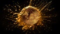 Gold bitcoin symbol on black background. Bitcoin coins splashing out with golden dusts, digital art