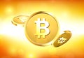 Gold bitcoins on orange background.