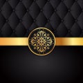 Gold black background design vector. Sun Indian pattern. Eye peacock feather frame. Oriental mandala swirl ornament for