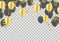 Gold and black balloons, vector illustration. Confetti and ribbons, Celebration background template