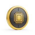 Gold and Black Coin with Microchip Symbol on White Background cryptocurrency digital currency Royalty Free Stock Photo