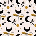Gold and black dragonfly and moon in a seamless pattern design