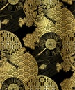 Gold And Black Fan Flowers Japanese Chinese Vector Design Pattern
