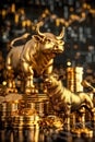 Gold and black financial infographic chart award with bull and bear symbols in stock market design