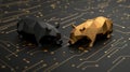 Gold and black financial infographic chart award with bull and bear symbols in stock market design