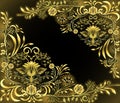 Gold with black floral pattern with empty space. Ornate decorated background with flowers and leaves. Design in the style of
