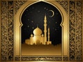 A gold and black frame with a building and moon, perfect for Eid al-Fitr greeting cards