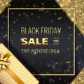 Gold Black Friday sale card with realistic gift and glowing golden sparkles on Dark Background with square frame Royalty Free Stock Photo