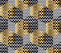 Gold and black geometry hexagon seamless fabric sample. Royalty Free Stock Photo