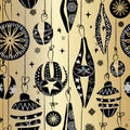 Gold and black hanging Christmas ornaments seamless pattern background retro vintage style. For Christmas wrapping paper Vector