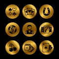 Gold and black lottery, roulette, casino, slot machine, gambling vector icons