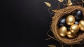 Gold and black metallic Easter eggs in a nest, with gold leaves around, on a dark background. Luxurious Easter holiday Royalty Free Stock Photo