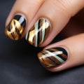 Gold And Black Nail Art With Abstract Stripes - Innovative Techniques