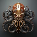 A gold and black octopus mask with red eyes, small decorative metal object