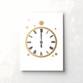 Gold Black pointer clock on a white sheet of paper, white background. New Year\'s celebrations Royalty Free Stock Photo