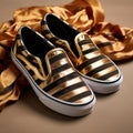 Golden Vans Slipons With Organza Stripes - Stylish And Unique Footwear