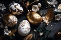Gold, black and white decorated Easter eggs painted by hand on a dark background Royalty Free Stock Photo