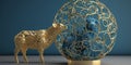 A gold and blue ball with a sheep and a blue ball with the word on it Royalty Free Stock Photo