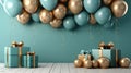 Gold and blue balloons and presents on a wooden floor, AI