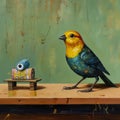 Gold And Blue Bird Painting With Tin Toy Frog And Jules Olitski Inspired Background
