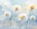 Gold and blue dandelions are on a white background.