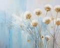 Gold and blue dandelions are on a white background.