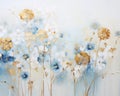 Gold and blue dandelions are on a white background.