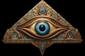 A gold and blue eye on a black background, an eye of Horus.