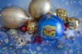 Gold Festive Christmas background. Christmas ball golden decoration. Royalty Free Stock Photo