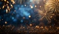 Gold and blue Fireworks and bokeh in New Year eve and copy space. Abstract background holiday Royalty Free Stock Photo