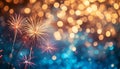 Gold and blue Fireworks and bokeh in New Year eve and copy space. Abstract background holiday Royalty Free Stock Photo