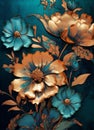 Gold and blue flower oil painting on dark blue background.