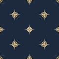 Gold and blue geometric texture with big stars, diamonds, floral silhouettes Royalty Free Stock Photo