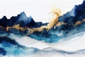 Gold and blue marbling abstract background of waves and mountains silhouettes