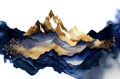 Gold and blue marbling abstract background of waves and mountains silhouettes