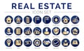 Gold Blue Real Estate Round Icon Set of Home, House, Apartment, Buying, Renting, Searching, Investment, Choosing, Wishlist, Low Royalty Free Stock Photo