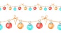 Gold, blue and red Christmas balls. Seamless border. Watercolor hand-drawn art. Royalty Free Stock Photo