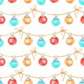 Gold, blue and red Christmas balls. Seamless pattern. Watercolor hand-drawn art. Artistic illustration Royalty Free Stock Photo
