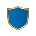 Gold-blue shield shape icon. Bright logo emblem metallic sign on white background. Empty shape shield. Symbol