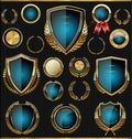 Gold and blue shields, laurels and medals collection Royalty Free Stock Photo